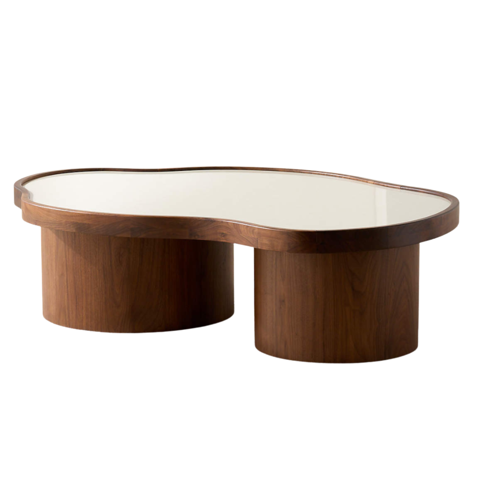 a wood coffee table with an organically shaped top surface