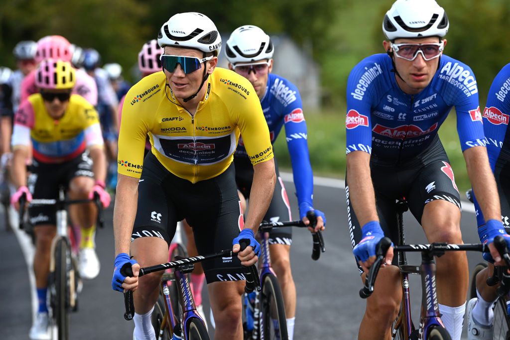 MERTERT LUXEMBOURG SEPTEMBER 22 Soren Kragh Andersen of Denmark and Team AlpecinDeceuninck Yellow Leader Jersey competes during the 83rd Skoda Tour Luxembourg 2023 Stage 3 a 1684km stage from Mertert to Vianden on September 22 2023 in Vianden Luxembourg Photo by Tim de WaeleGetty Images