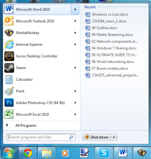 Windows 7 lets you view recent documents by application.