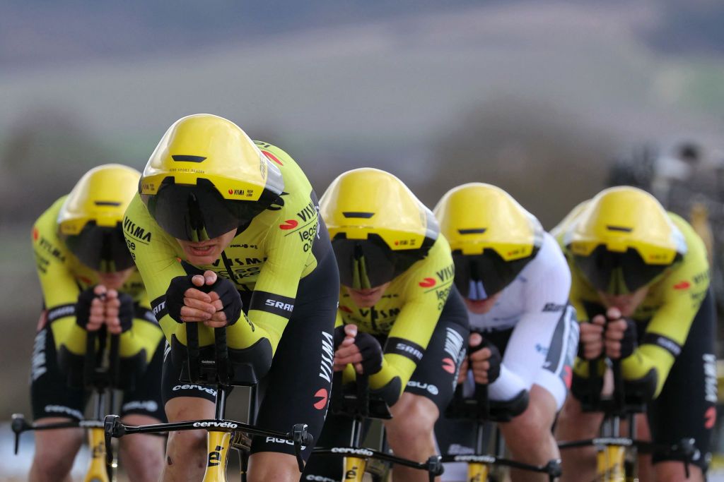 Team Visma-Lease a Bike competes during the 3rd stage of the Paris-Nice cycling race, 26,9 km team time trial between Auxerre and Auxerre, on March 5, 2024. (Photo by Thomas SAMSON / AFP)