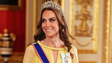 Catherine, Princess of Wales smiles as she arrives for the state banquet for the Sultan of Oman, Sultan Haitham bin Tarik Al Said at Windsor Castle