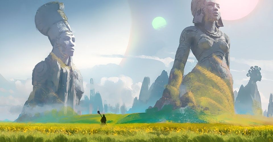 The mythological landscape of Zhalfir, featuring enormous statues under multiple suns