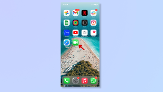 A screenshot of the iPhone home screen, with a red arrow pointing at the FaceTime app. 