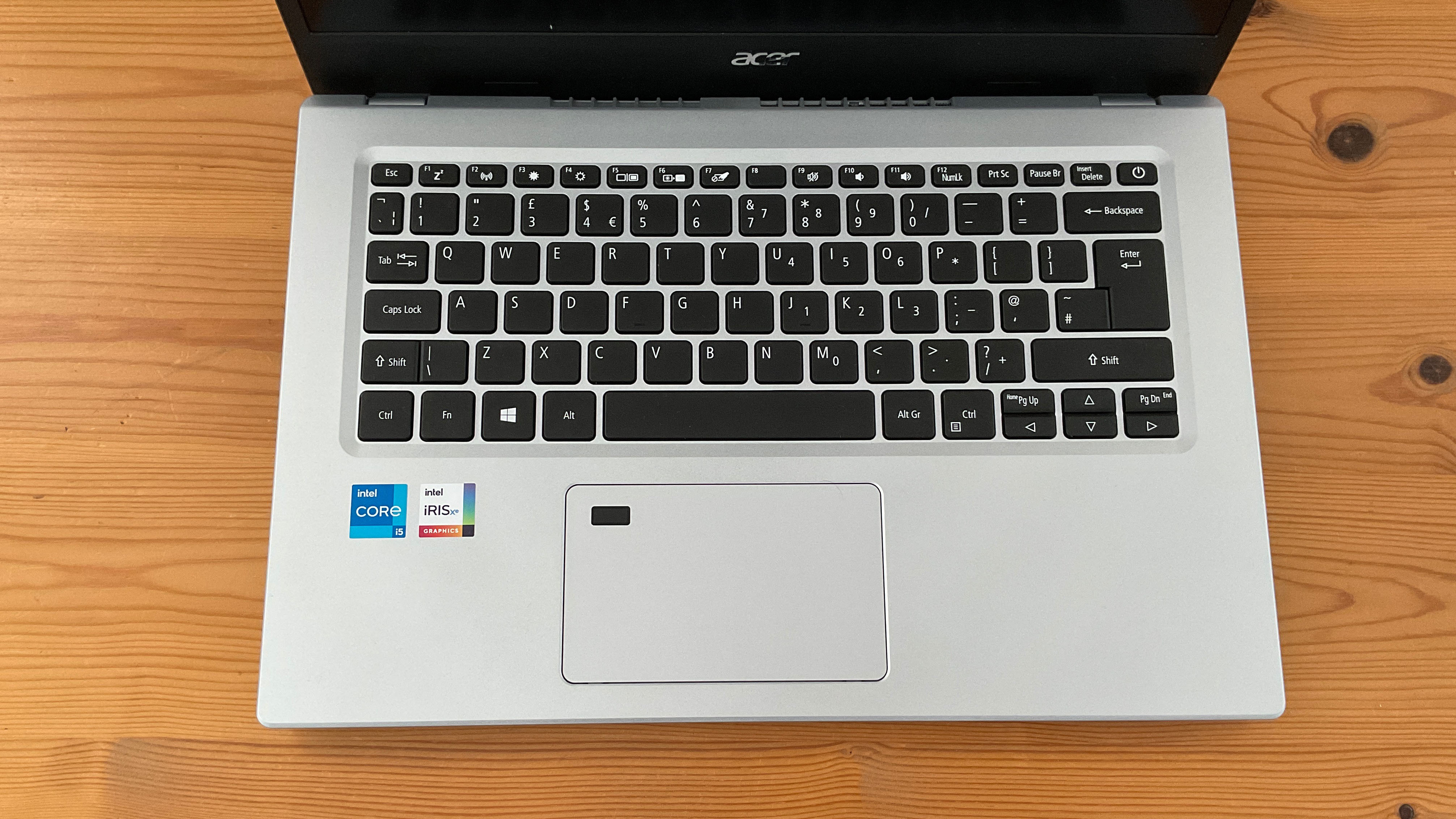 Acer Aspire 5 laptop keyboard viewed from top to bottom