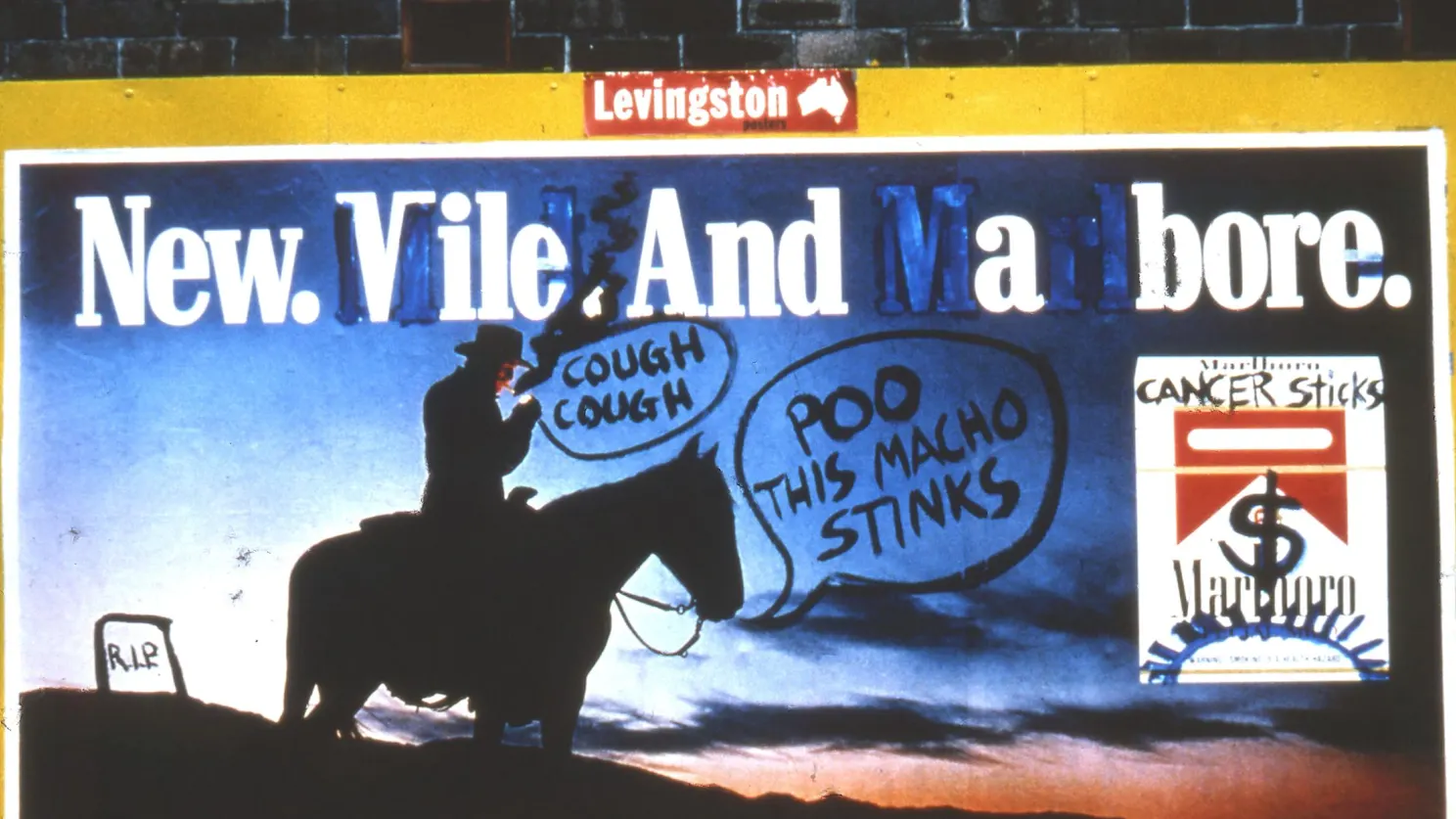 Example of subvertising, also known as billboard hacking or culture jamming showing a modified billboard advert