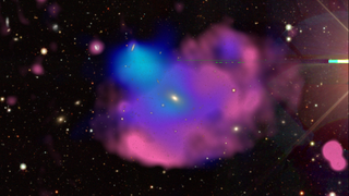 A splotchy pink and blue blob in the center of the image. In the background, space.