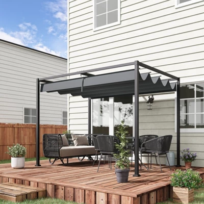 Outsunny 3 X 2m Metal Pergola Gazebo Patio Sun Shelter Retractable Canopy Grey