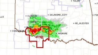 map of the oklahoma-texas border shows a hot spot of green, yellow and red over tillman county where a major storm was brewing