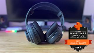 Turtle Beach Atlas Air gaming headset on a wooden desk with GamesRadar+ Hardware Awards badge