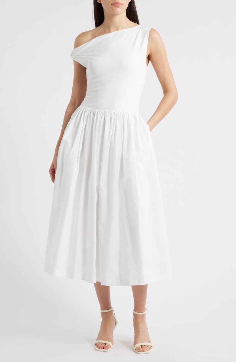Mixed Media Asymmetric Neck Midi Dress