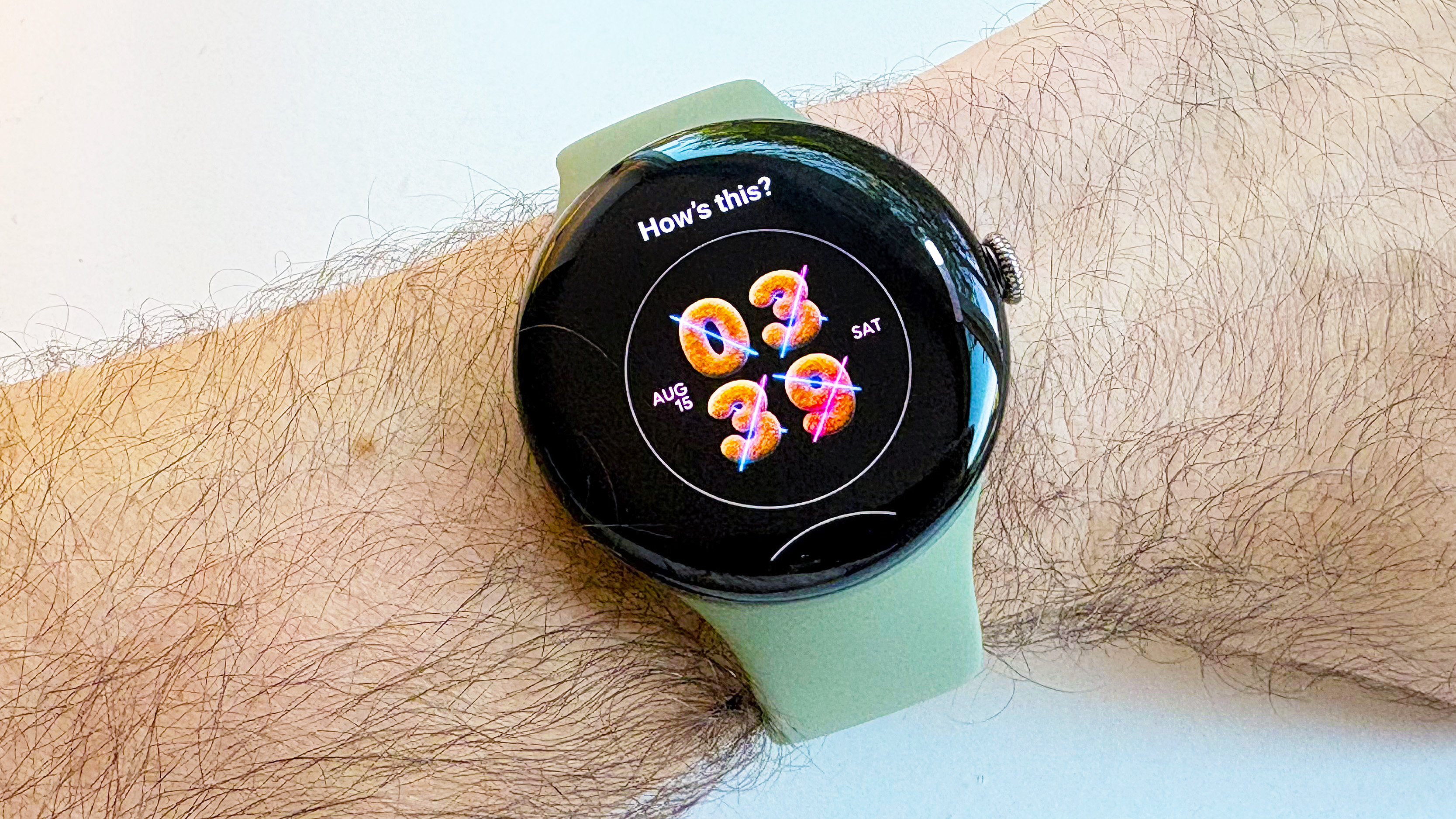 Close-up of the AI watch face generating feature on the Pixel Watch 5 smartwatch