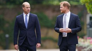Prince William, Duke of Cambridge (left) and Prince Harry, Duke of Sussex arrive for the unveiling of a statue they commissioned of their mother Diana, Princess of Wales, in the Sunken Garden at Kensington Palace, on what would have been her 60th birthday on July 1, 2021 in London, England.