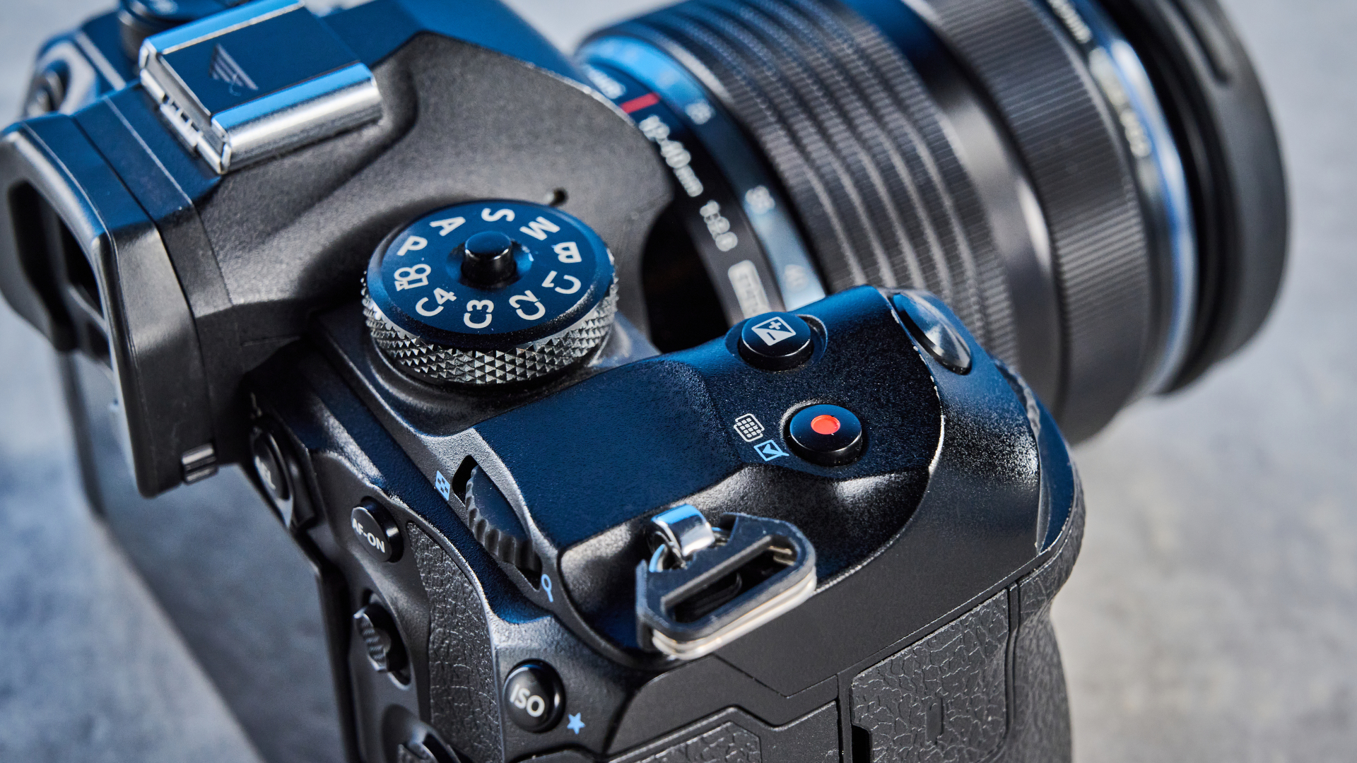 A black OM System OM-1 Mark II Micro Four Thirds mirrorless camera