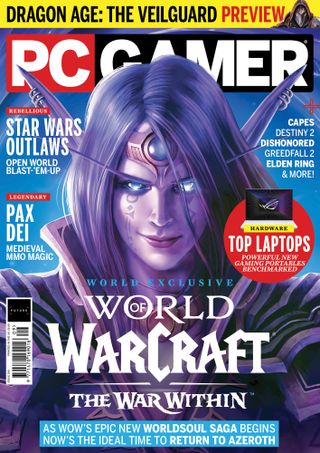 The cover of PC Gamer 399, showing an image of a World of Warcraft Dark Elf behind the words "World of Warcraft: The War Within".