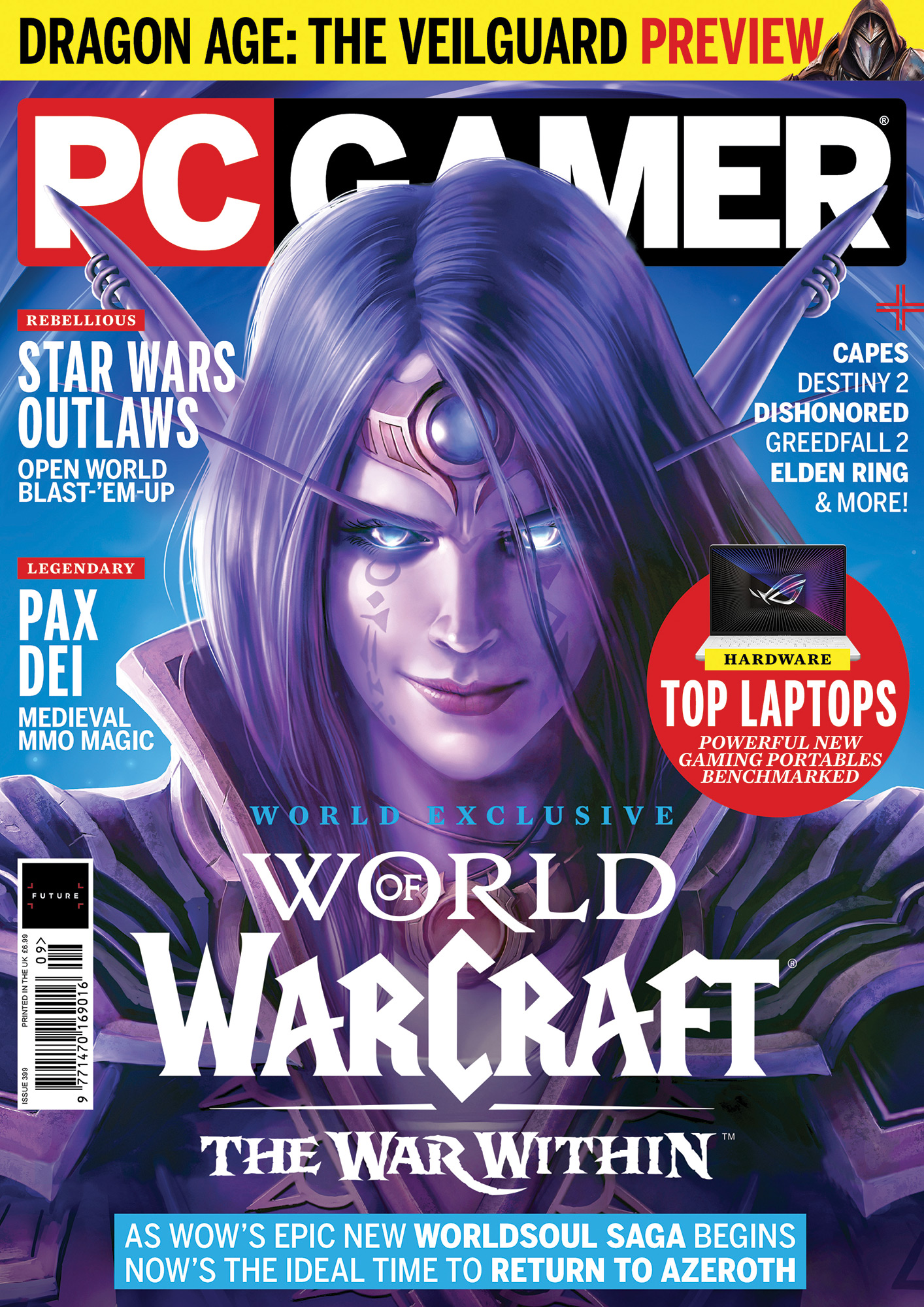 The cover of PC Gamer 399, showing an image of a World of Warcraft Dark Elf behind the words 