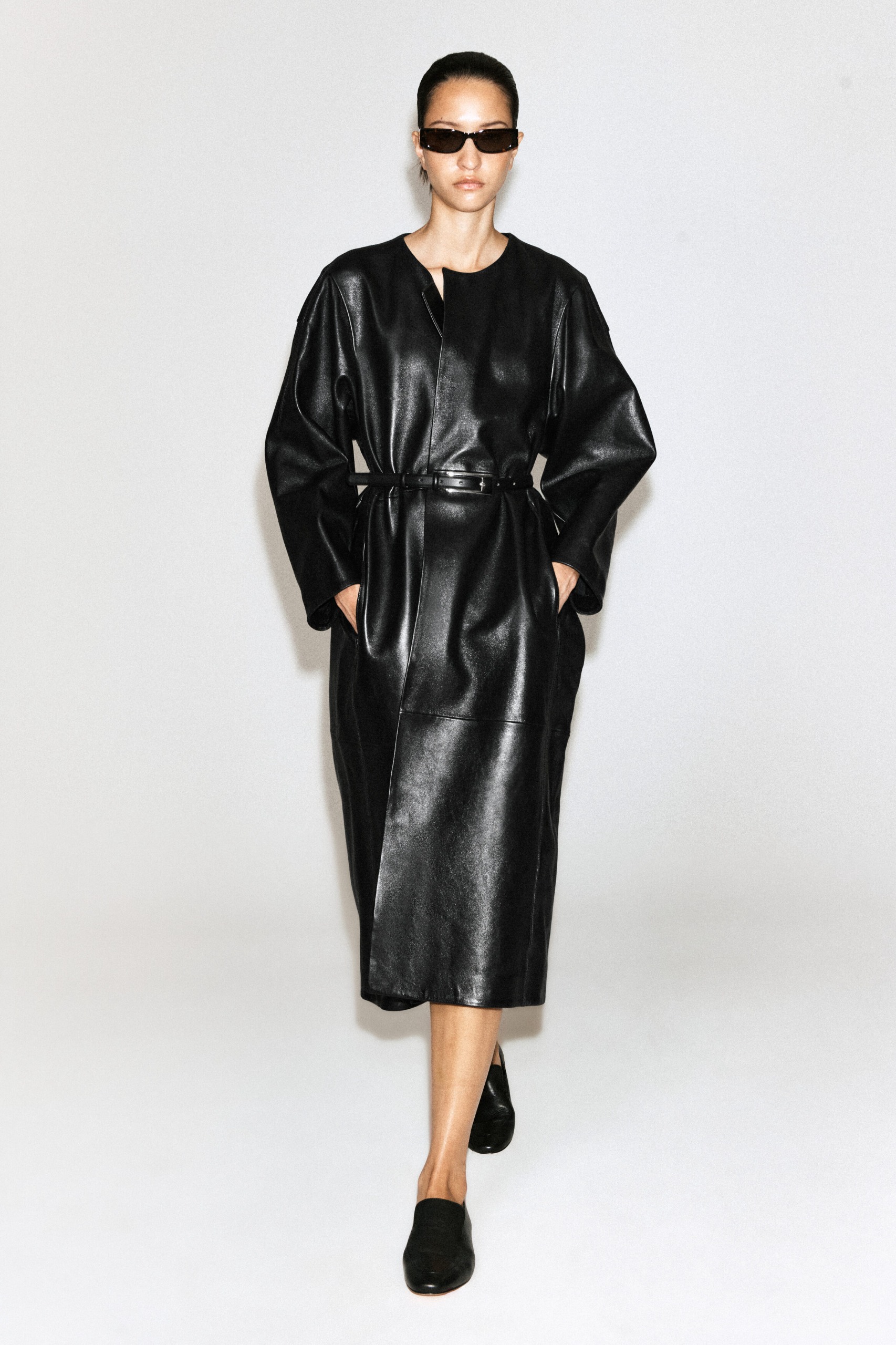 Paneled Leather Long Coat
