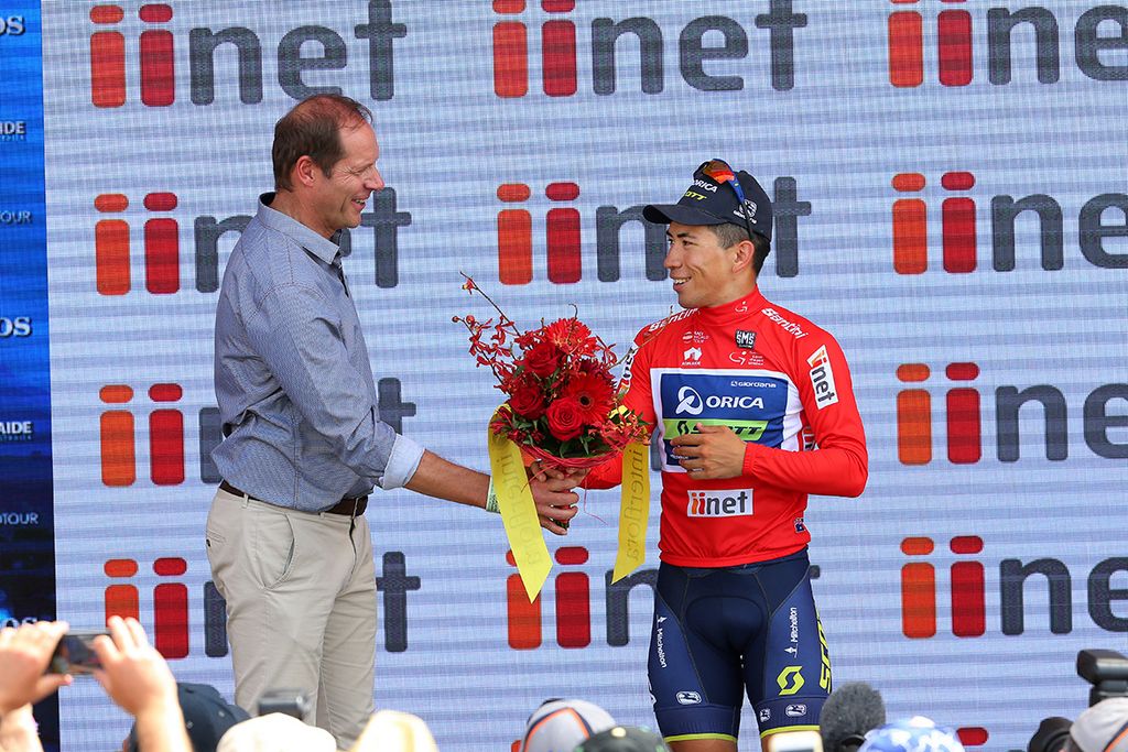 Christian Prudhomme with Caleb Ewan (Orica-Scott)