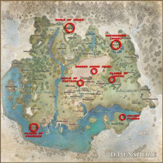 Avowed Totem of Rightful Rulership fragment locations - A custom map showing the locations of all six fragments and the totem base in Dawnshore.