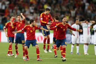 Spain players celebrate their penalty shootout win over Portugal in the semi-finals of Euro 2012.