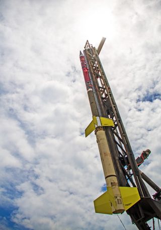 A Terrier-Improved Orion suborbital sounding rocket stands ready for launch at NASA's Wallops Flight Facility in Virginia, in June 2019.