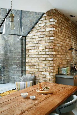 industrial glazed kitchen extension ceiling fold detail brick wall