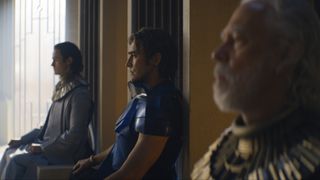 Brothers Dawn, Day, and Dusk sit on their thrones in Foundation season 2