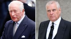 A composite of a picture of King Charles in 2026 and Andrew in 2025