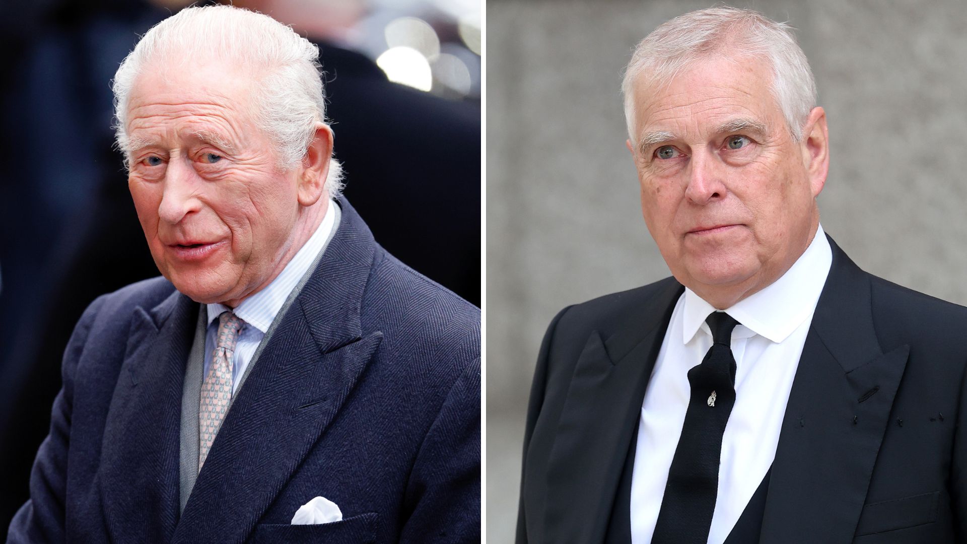 A composite of a picture of King Charles in 2026 and Andrew in 2025