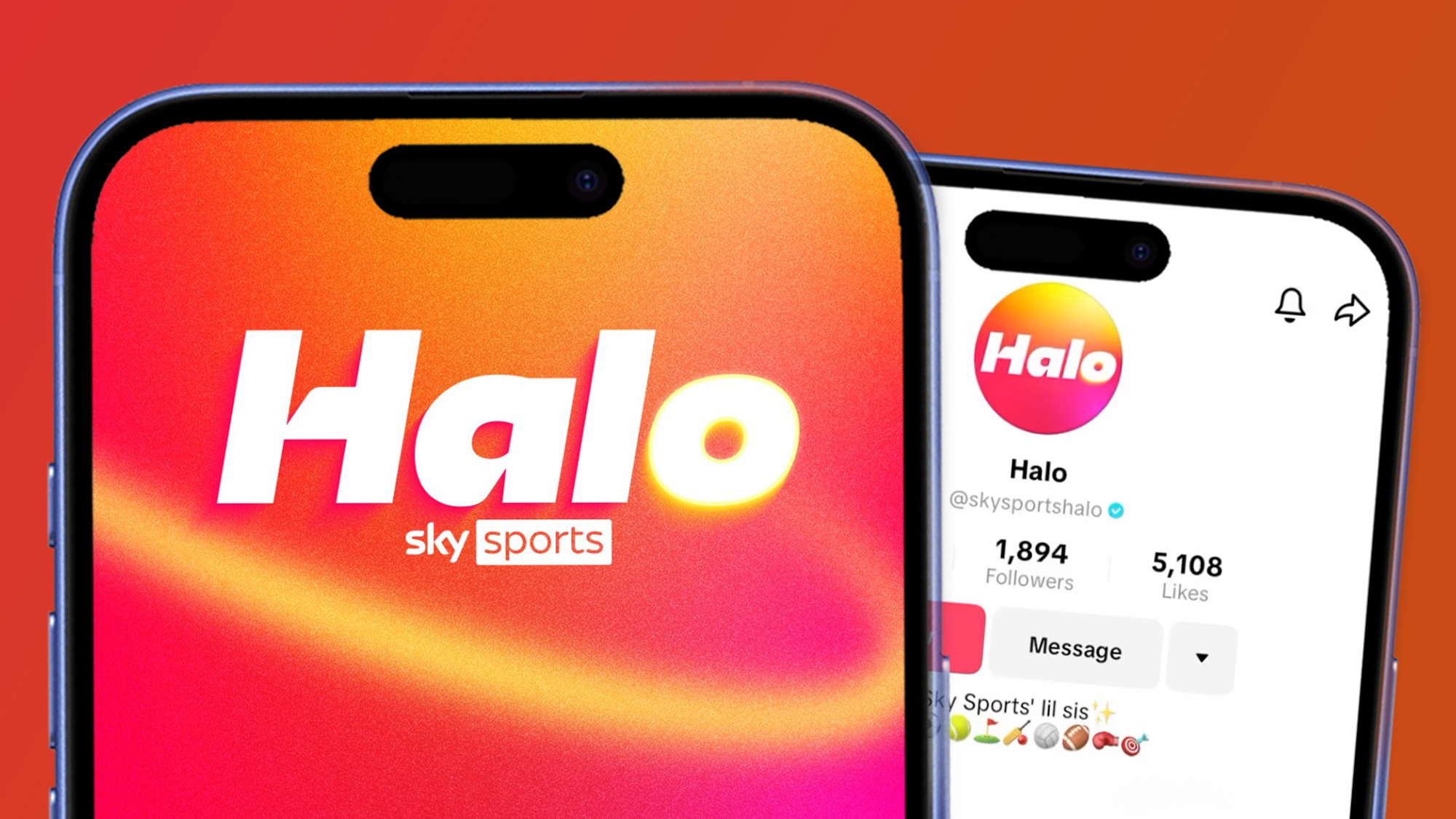 Two phones on an orange and red background showing the Sky Sports Halo channel on TikTok