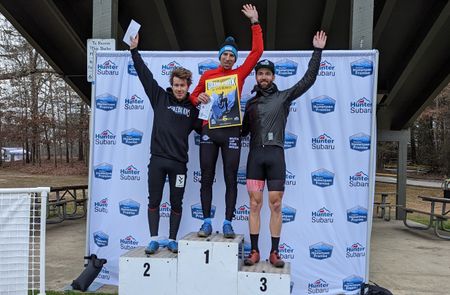 Elite men's podium day one of 2022 North Carolina Grand Prix (L to R): Tyler Orschel second, winner Kerry Werner, Tobin Ortenblad third