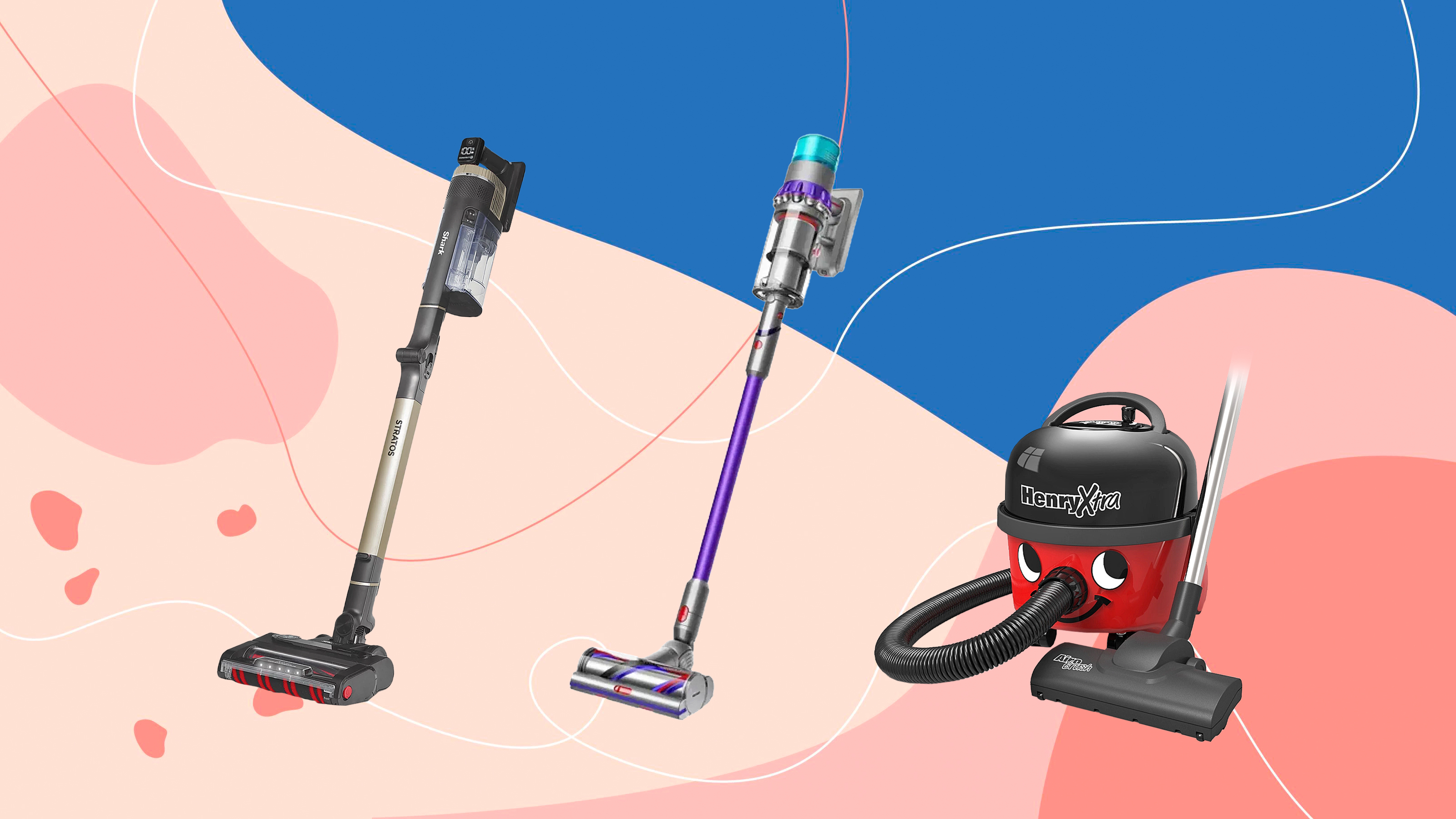shark, Dyson and Henry vacuums on a pink and blue background