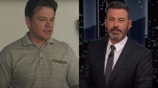 Matt Damon in Air and Jimmy Kimmel on Jimmy Kimmel Live, pictured side by side.