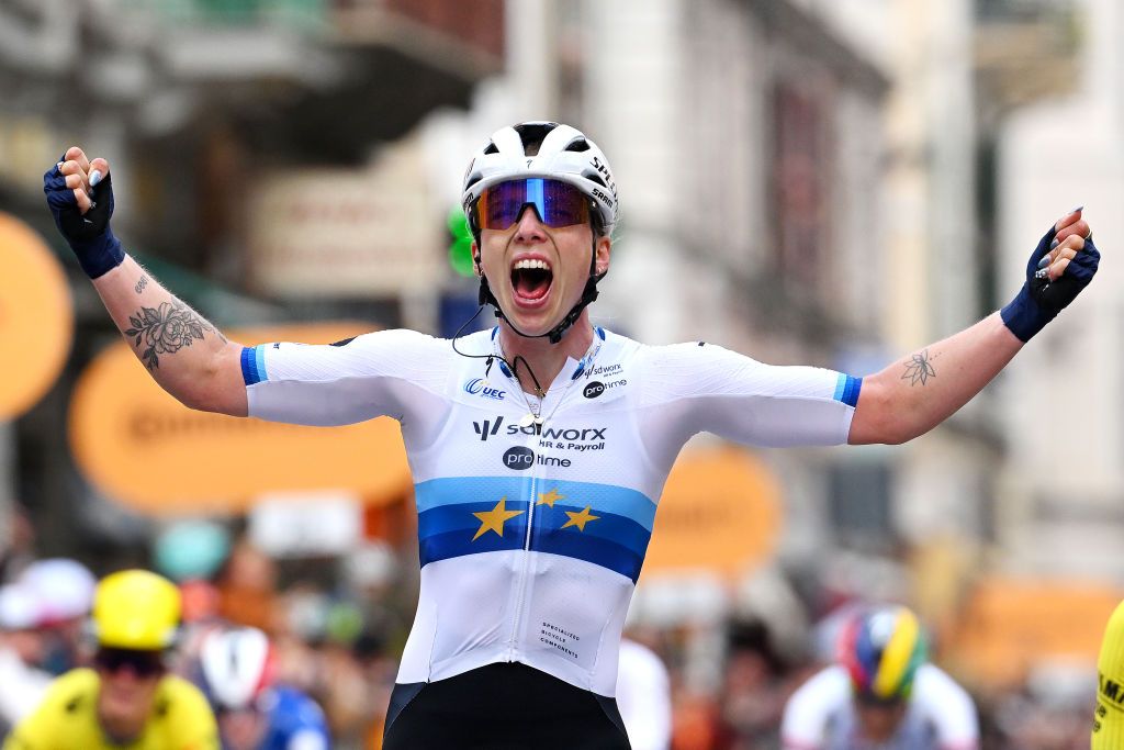 SANREMO ITALY MARCH 22 LR Lorena Wiebes of Netherlands and Team SD Worx Protime celebrates at finish line as race winner ahead of Marianne Vos of Netherlands and Team Visma Lease a Bike during the 1st Sanremo Women 2025 a 156km one day race from Genova to Sanremo UCIWWT on March 22 2025 in Sanremo Italy Photo by Tim de WaeleGetty Images