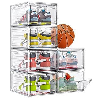 Thicken & Sturdy Clear Shoe Storage Organizer With Magnetic Door, Stackable Boxes for Closet, Foldable Space-Saving Shoe Rack for Sneaker Boot Container, Plastic Shoe Cabinet Shoe Box 6 Pack, White