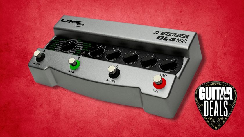 A Line 6 DL4 MKII Limited Edition delay pedal on a red background