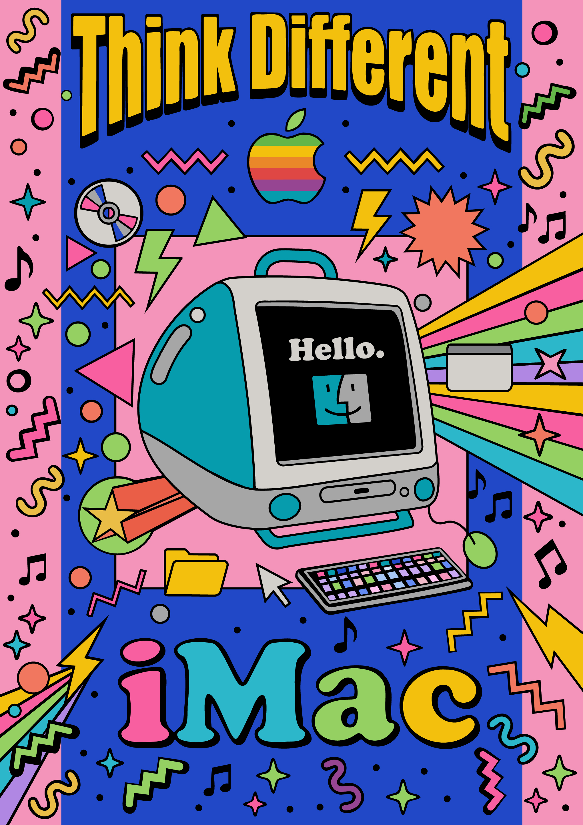 Think differently, iMac, bold and bright illustration of the iMac with rainbows and colourful shapes