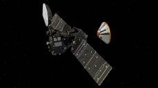 An artist's illustration of the ExoMars 2016 Schiaparelli lander (right) separating from its Trace Gas Orbiter mothership on Oct. 16, 2016 ahead of a planned Oct. 19 landing. ExoMars 2016 is a joint mission by the European Space Agency and Russia's Roscos