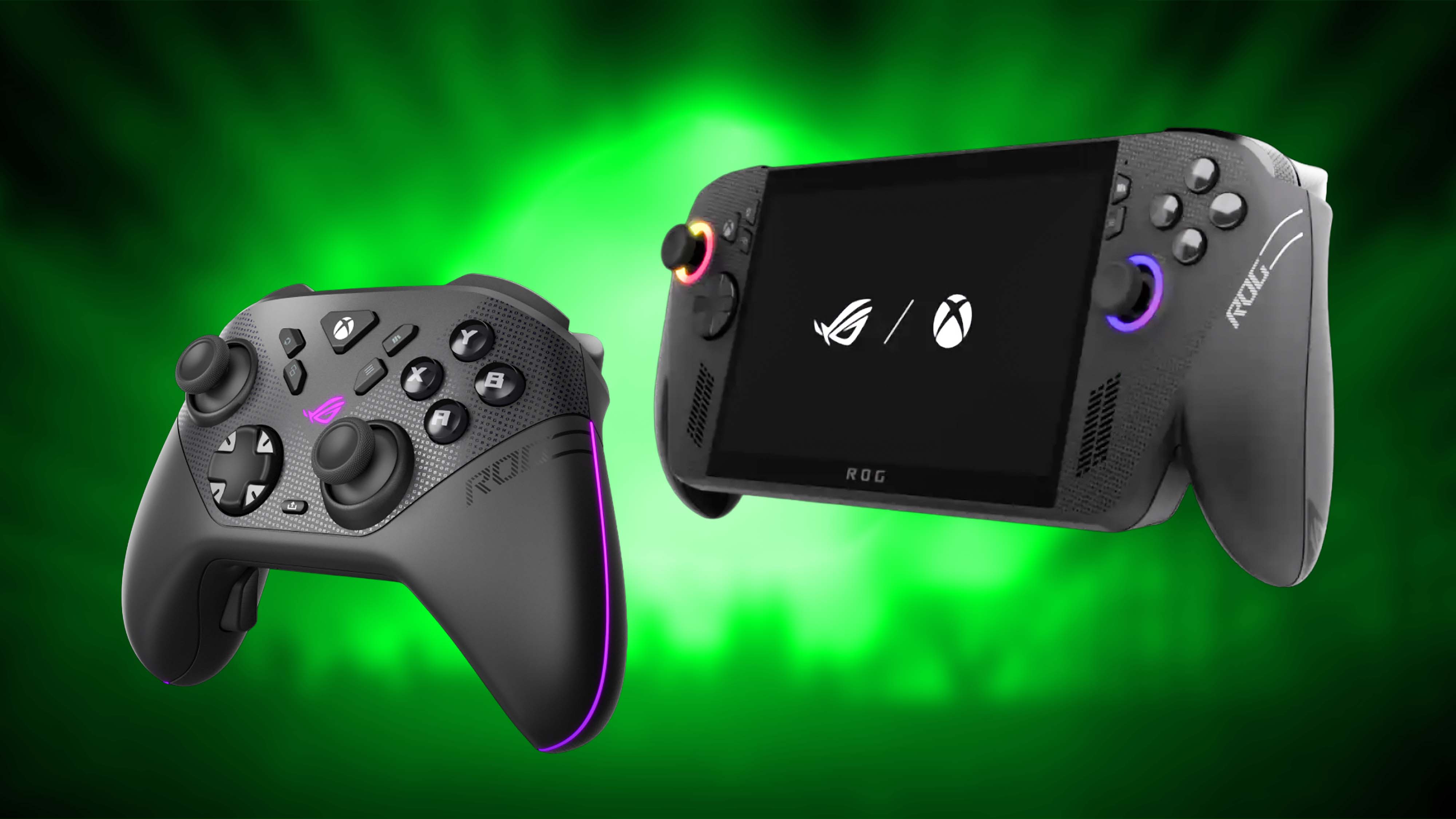ROG Raikiri II Xbox Wireless Controller and an Xbox Ally X on a green background.
