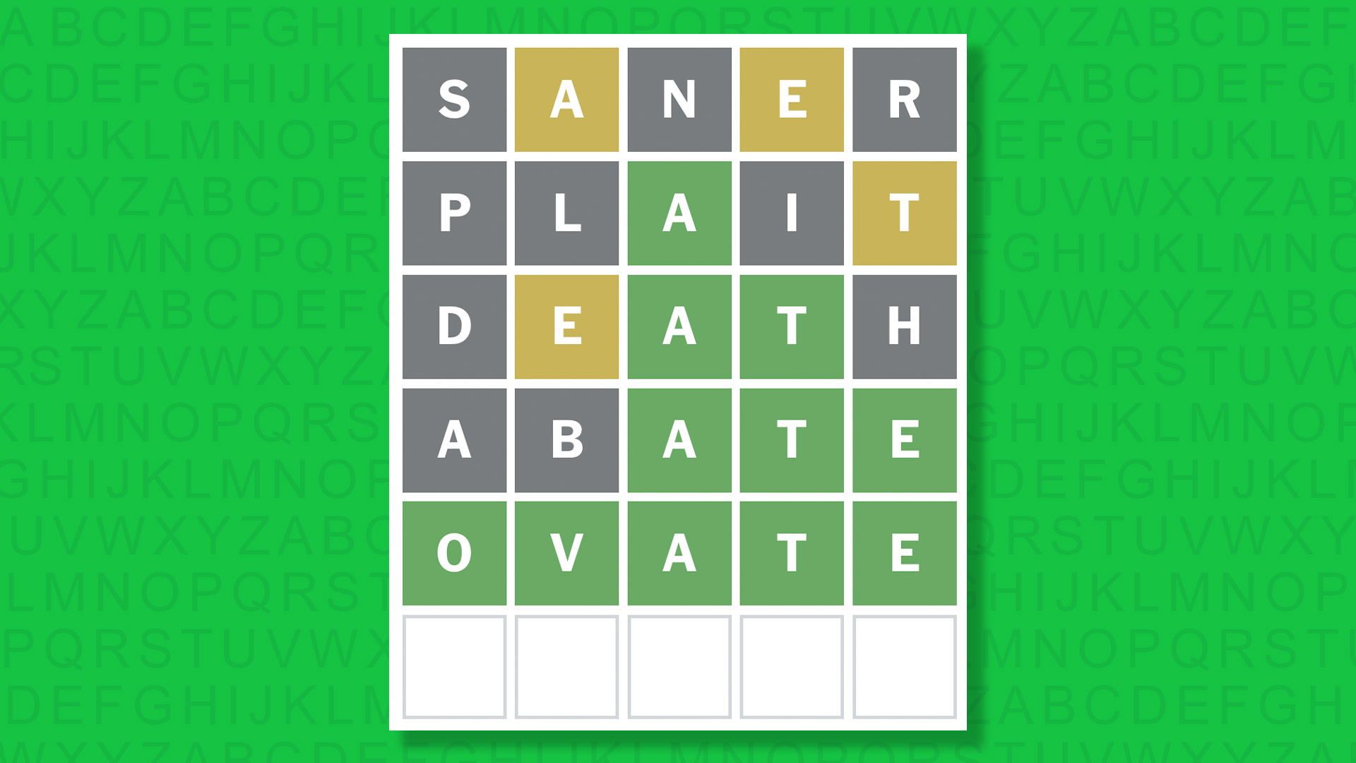 NYT Wordle answer for game 1829 on a green background
