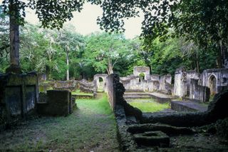 Ruins of Gedi, Kenya, surrounded by green grass