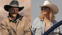 From left to right: Luke Grimes wearing a cowboy hat in Marshals and Kelly Reilly wearing a cowboy hat in Dutton Ranch.