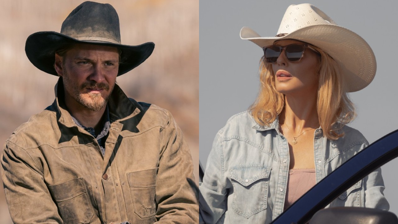 From left to right: Luke Grimes wearing a cowboy hat in Marshals and Kelly Reilly wearing a cowboy hat in Dutton Ranch.