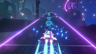 An antigrav racer glides along a neon road hitting musical beats