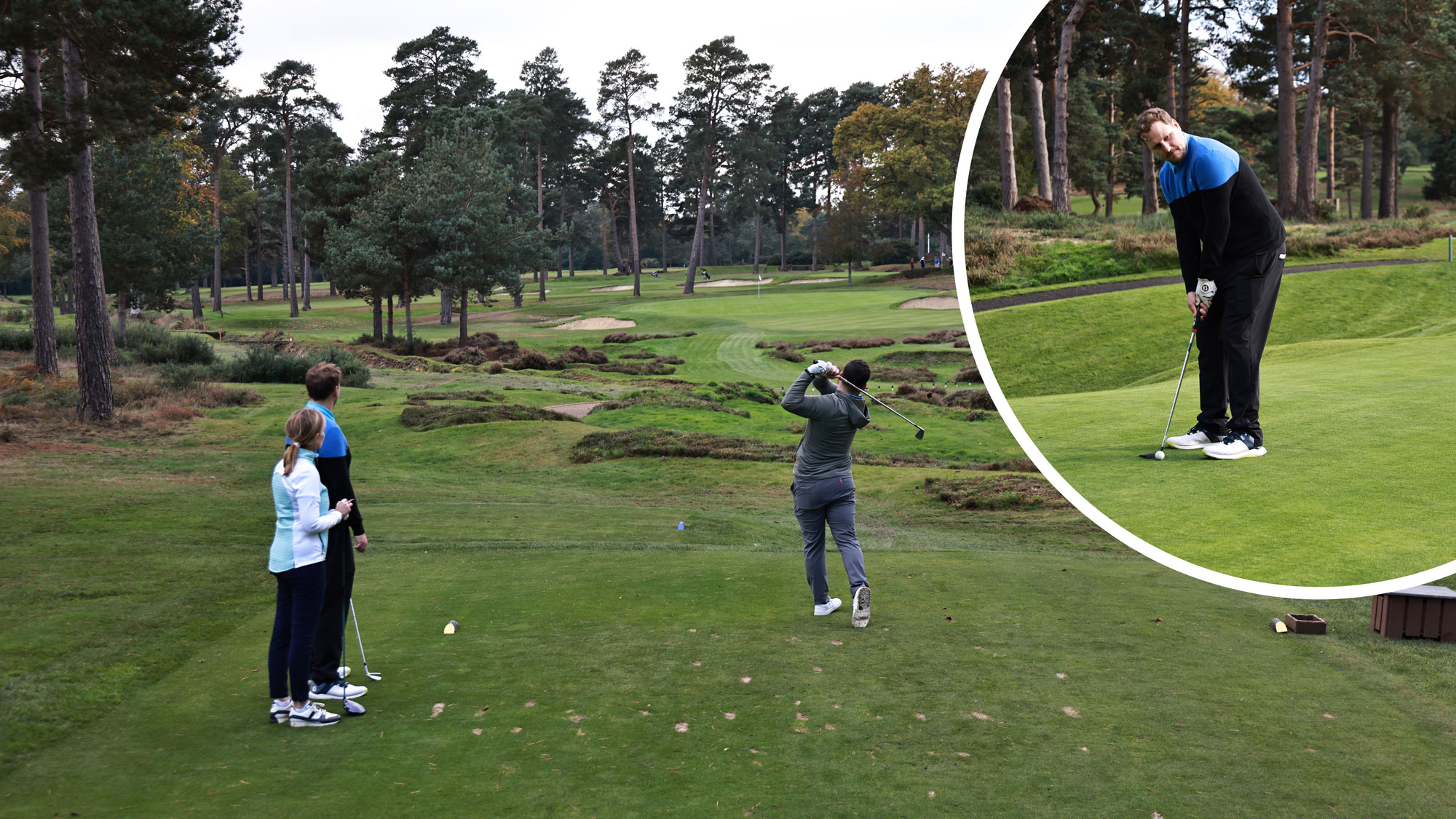 Sam De'Ath hitting a tee shot on a par-3 hole at West Hill, with Alison Root and Nick Bonfield watching on the tee, and an inset image on Nick Bonfield preparing to hit a putt on a par-3 green
