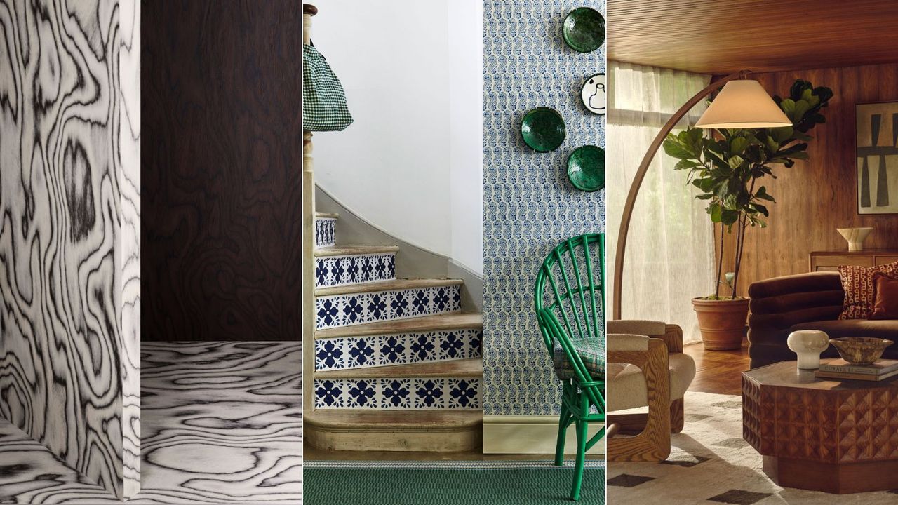 An image of two shades of wood veneer, a staircase with painted detailing and a 70s-style living room