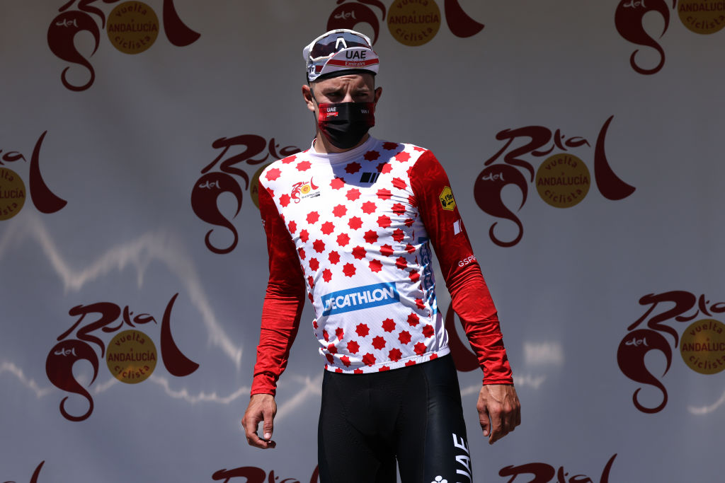 ZAHARA DE LA SIERRA SPAIN MAY 18 Rui Oliveira of Portugal and UAE Team Emirates Polka Dot Mountain Jersey celebrates at podium during the 67th Vuelta A Andalucia Ruta Del Sol 2021 Stage 1 a 1521km stage from Mijas to Zahara de la Sierra 441m VCANDALUCIA on May 18 2021 in Zahara de la Sierra Spain Photo by Gonzalo Arroyo MorenoGetty Images