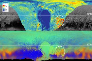Maps of Pluto's surface compare its topography (top) and composition (bottom) — the existence of methane in the circled region, in red, correlates with elevation, which means the other red regions on the bottom map may be high-elevation, too.