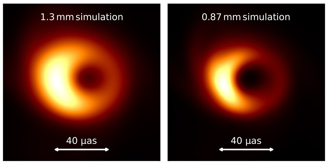 Side by side images of orange blobs of light around dard black circles.