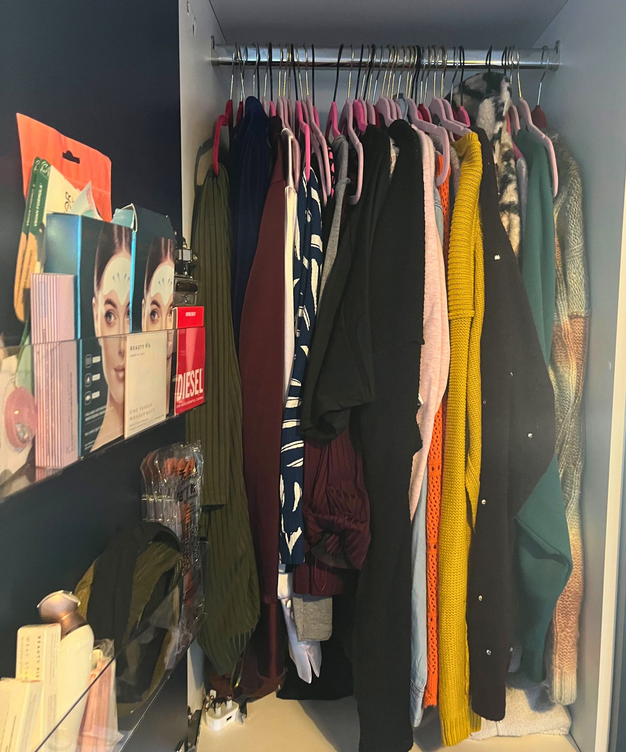 My small hanging rail before I used the Threshold Test. It is packed from one side to the other with sweaters, knitted tops and blouses