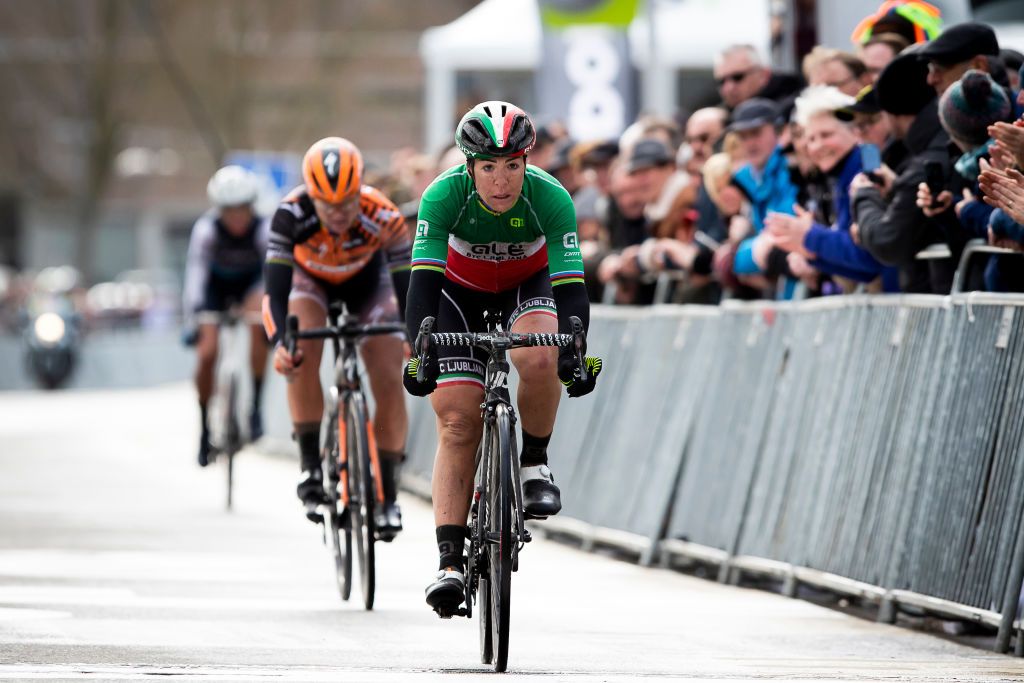Italian Marta Bastianelli crosses the finish line at the womens elite race of the 75th edition of the oneday cycling race Omloop Het Nieuwsblad 1261km from Merelbeke to Ninove Saturday 29 February 2020 BELGA PHOTO KRISTOF VAN ACCOM Photo by KRISTOF VAN ACCOMBELGA MAGAFP via Getty Images